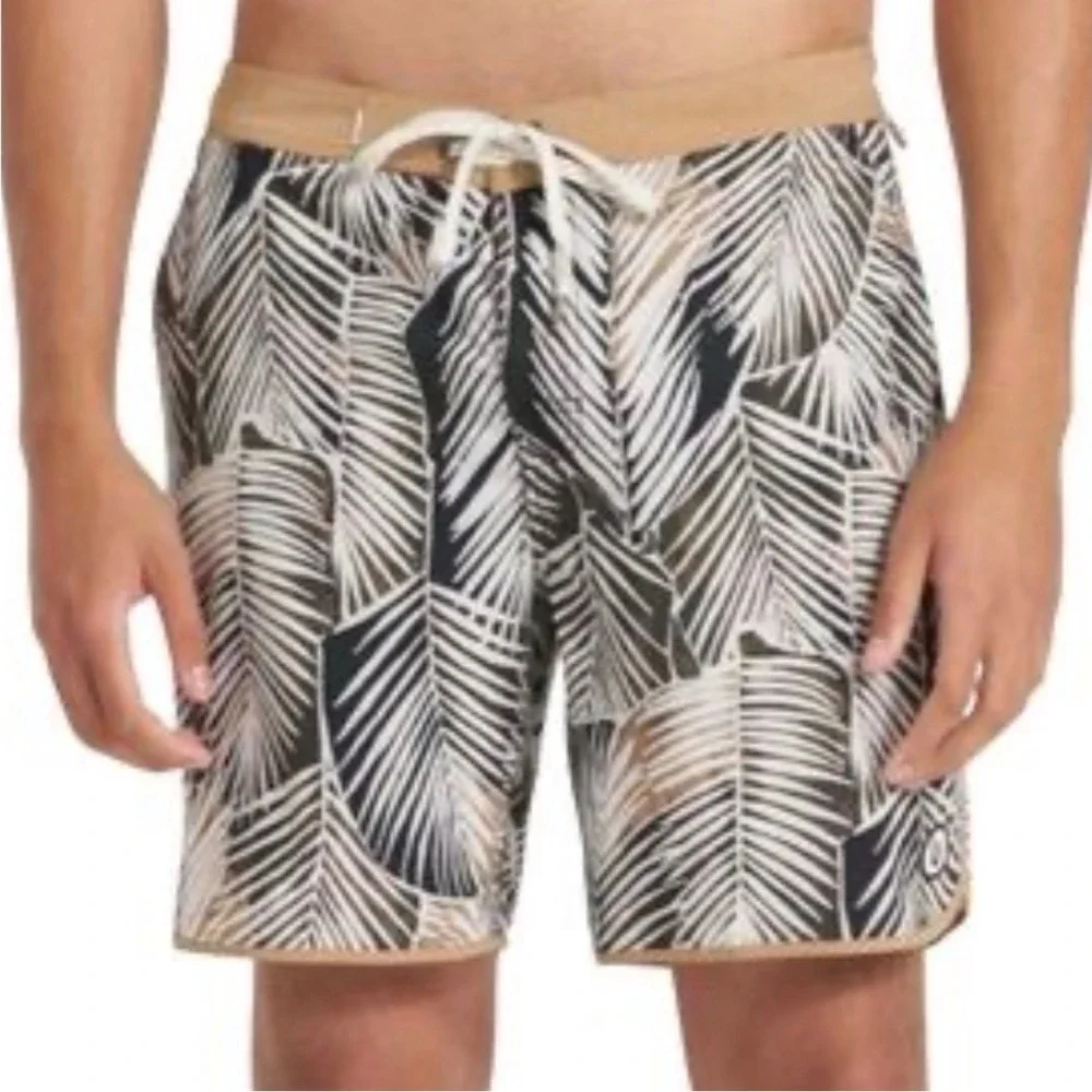Vuori Cruise Board Shorts Palm Leaf Print Tan Trim Drawstring Pockets Men's S 32
